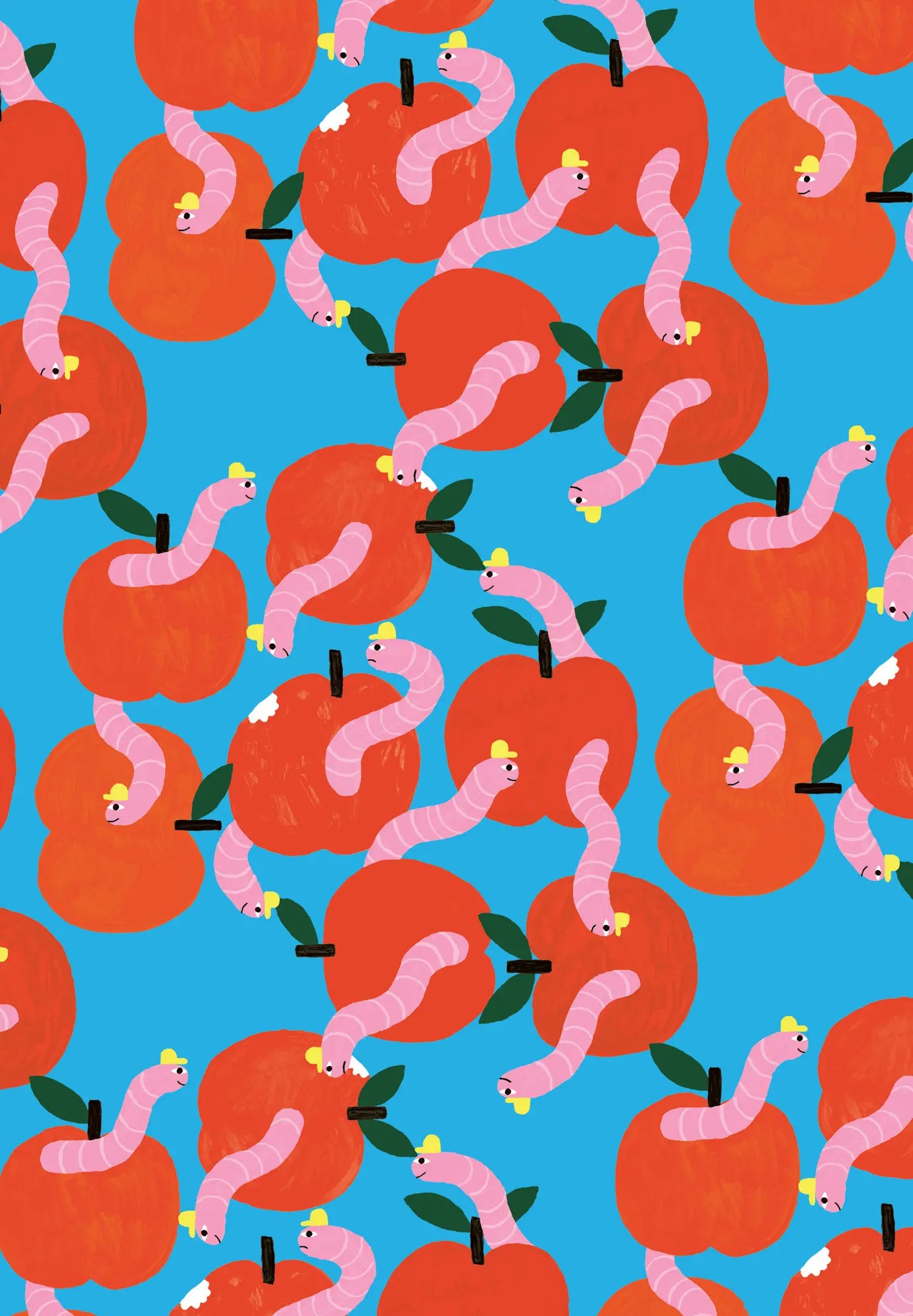 Colourful wrapping paper by Min Pin - red apples and pink worms on a blue background
