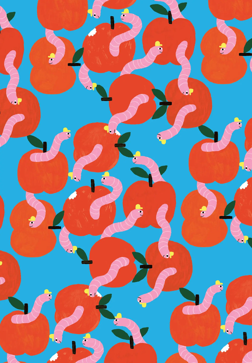 Colourful wrapping paper by Min Pin - red apples and pink worms on a blue background
