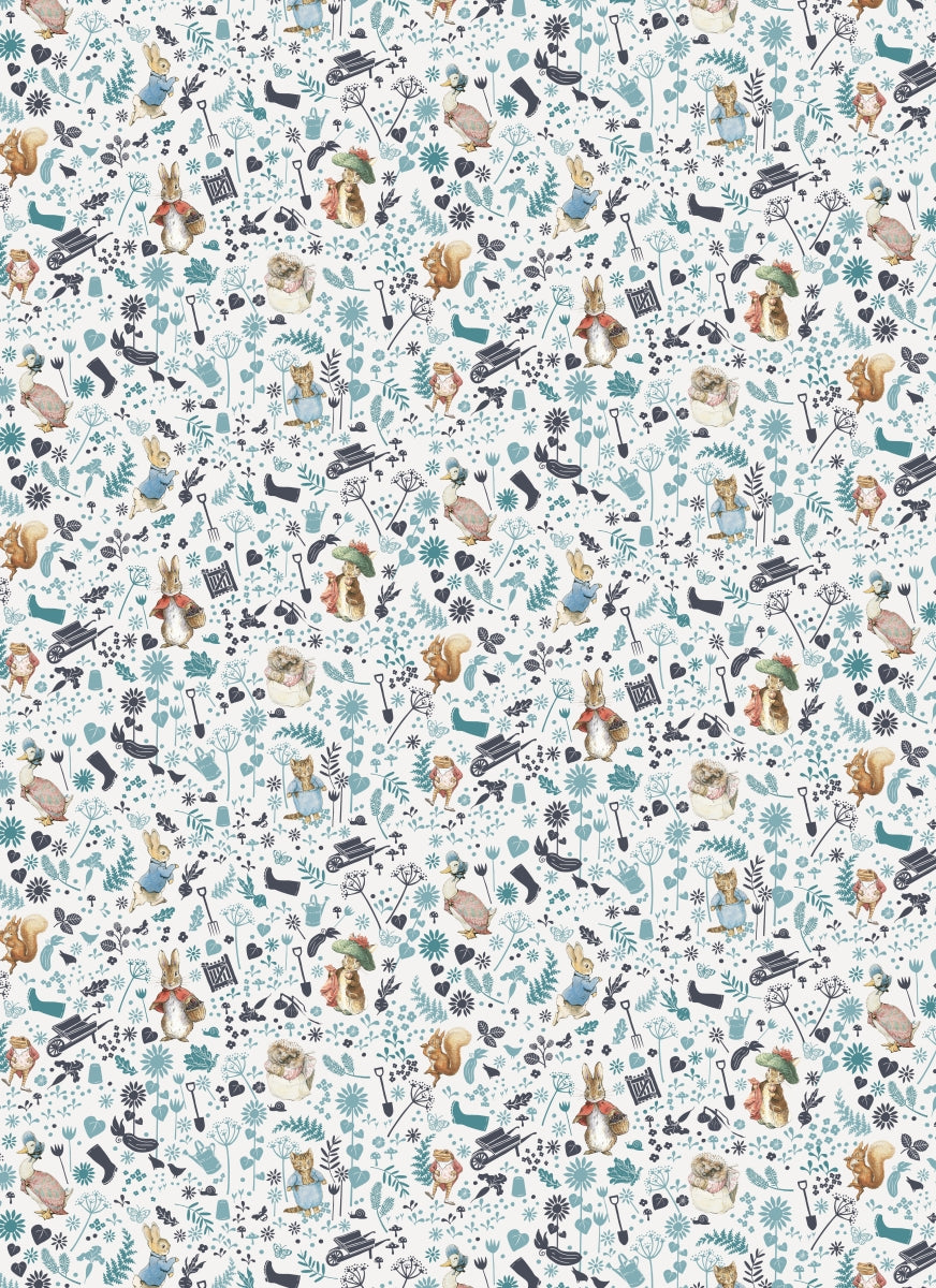 Patterned wallpaper with small illustrations of animals and nature on a light blue background