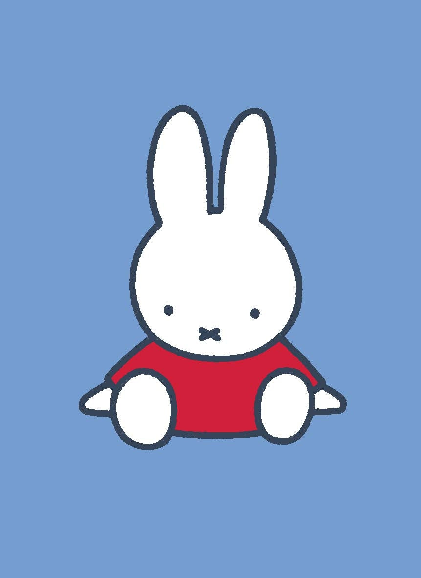 Cartoon rabbit character wearing a red shirt on a blue background