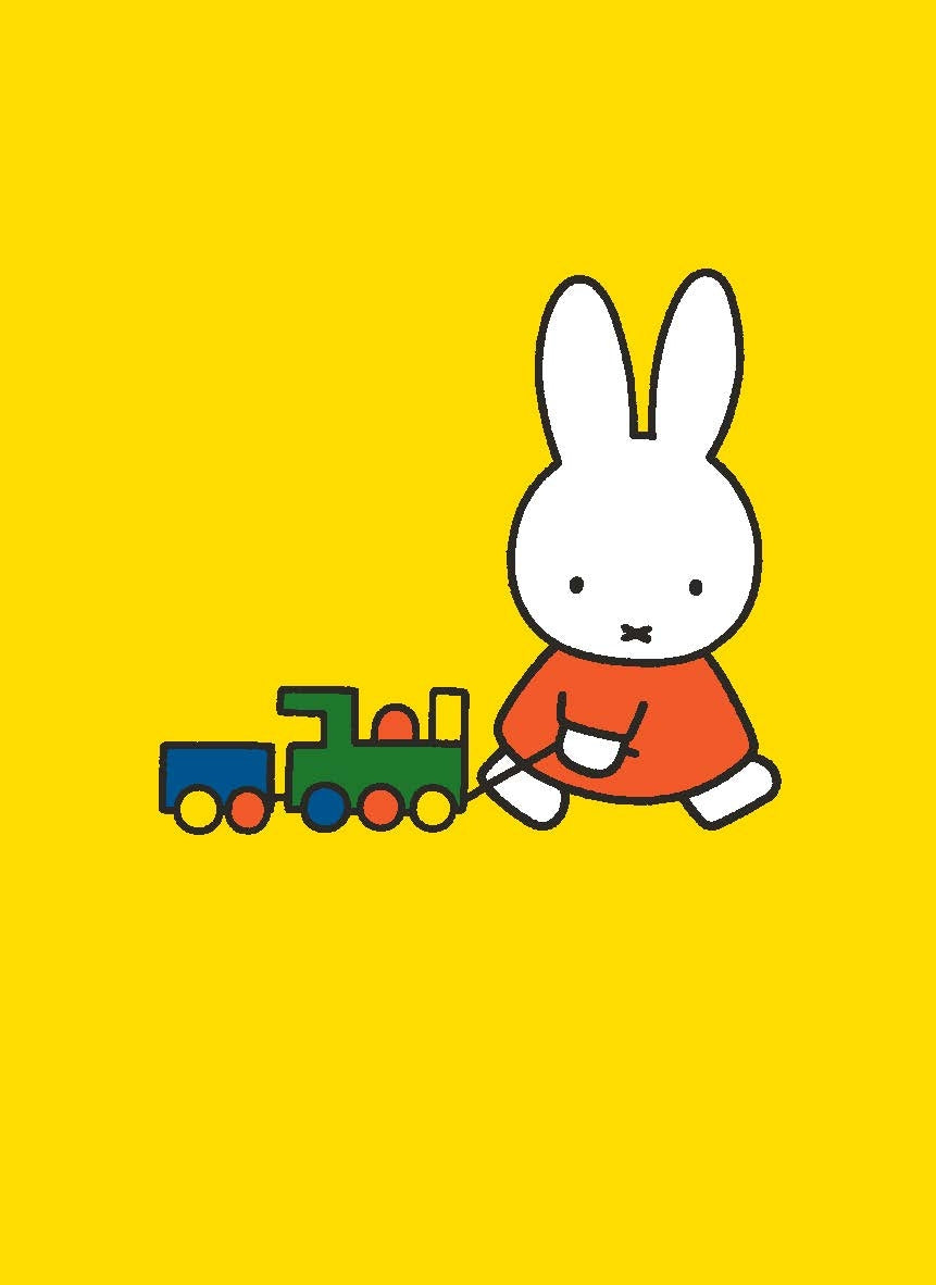 Cartoon rabbit character with a toy train on a yellow background