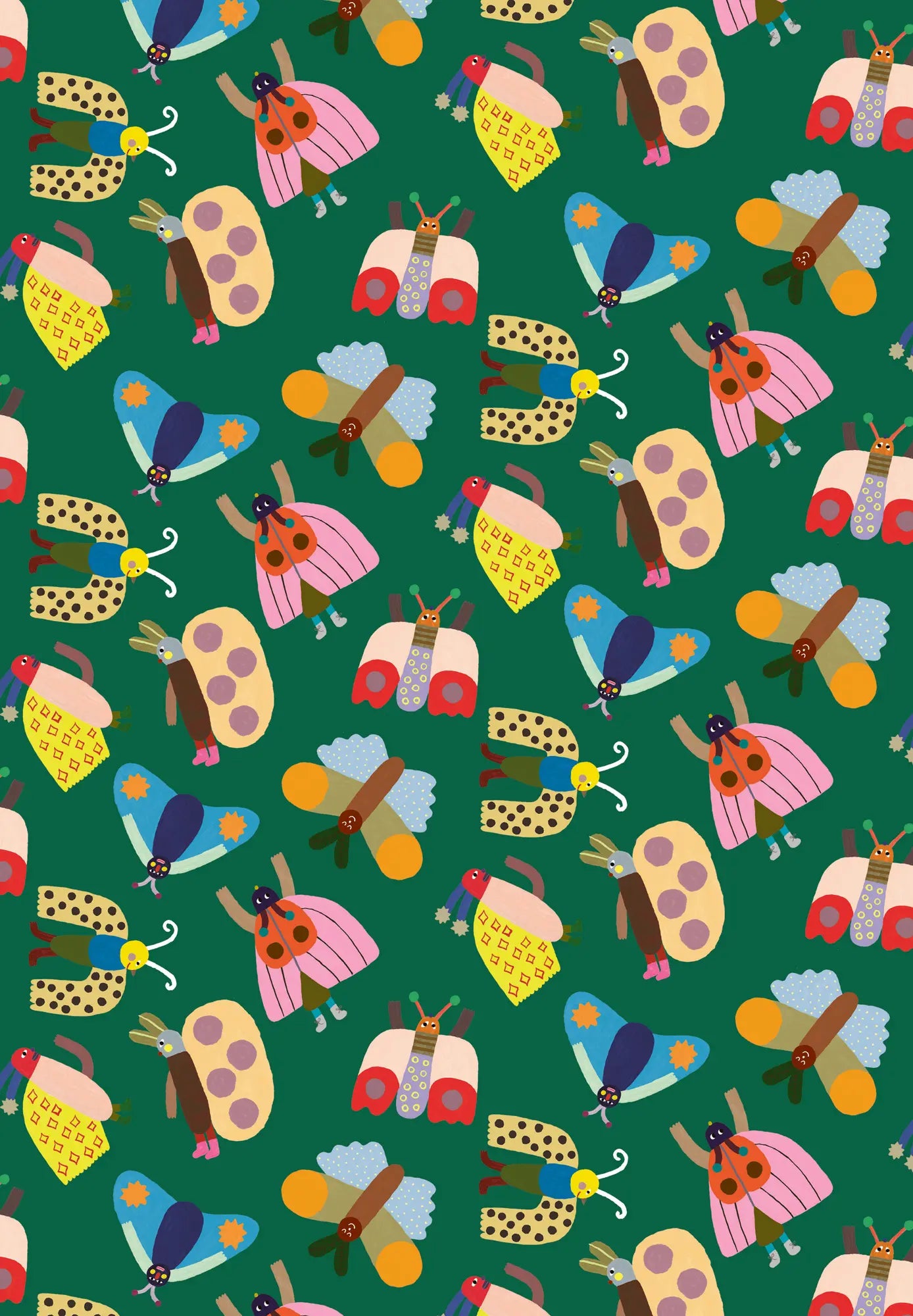 Colourful wrapping paper by Min Pin - green background and insects