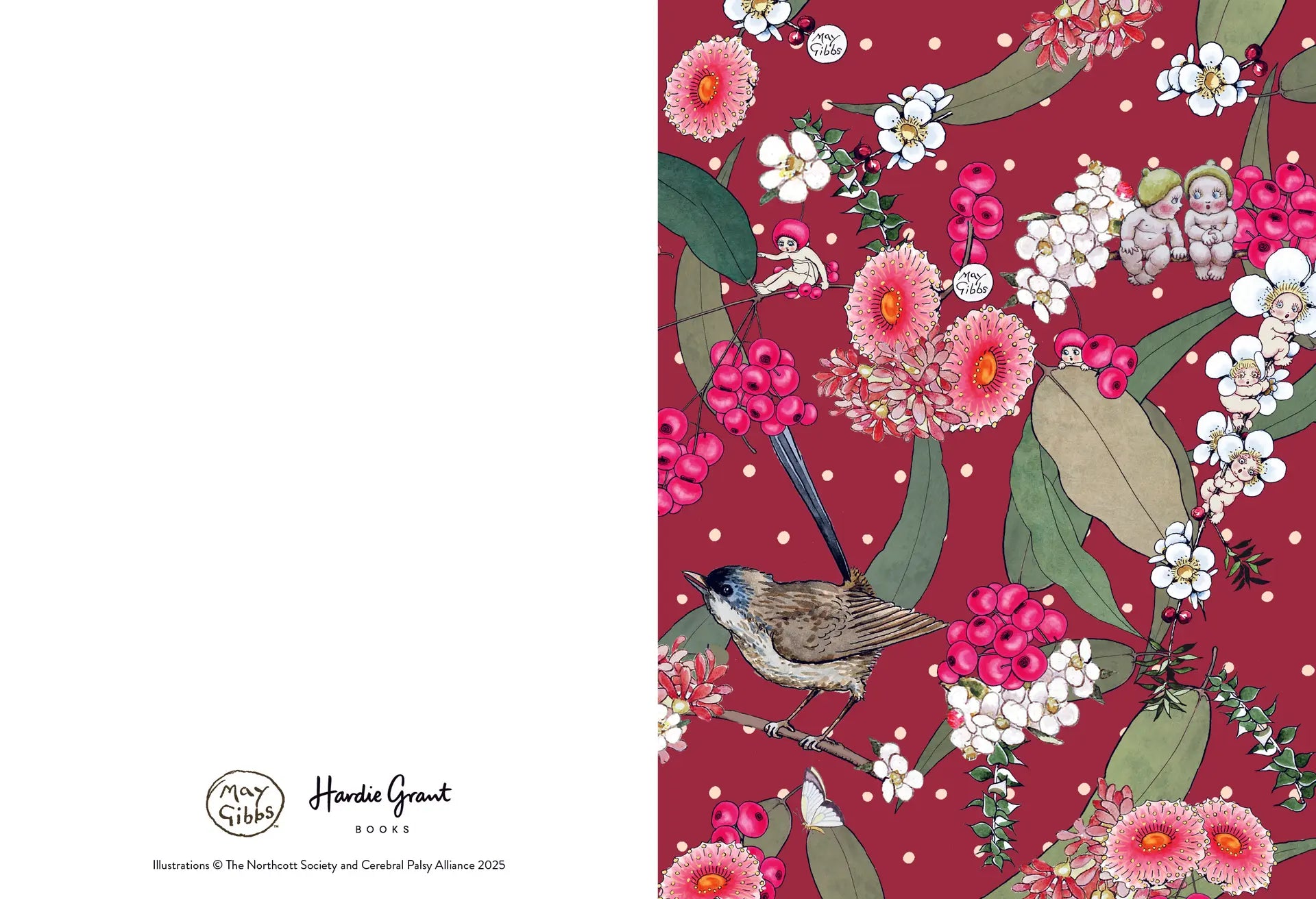 Floral and bird pattern on a red background with 'Harrie Grant' branding.