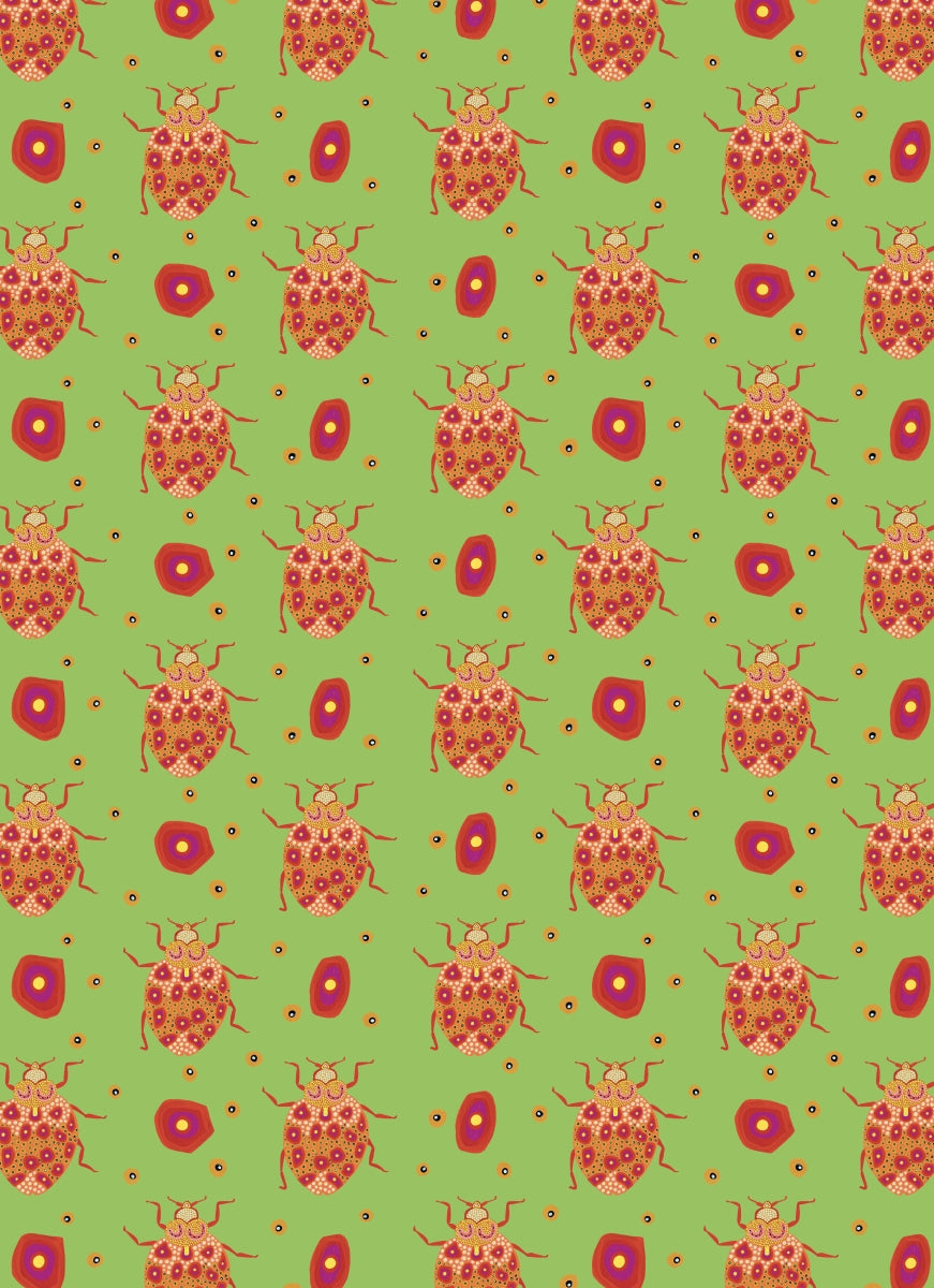 Pattern of red and orange ladybugs on a green background