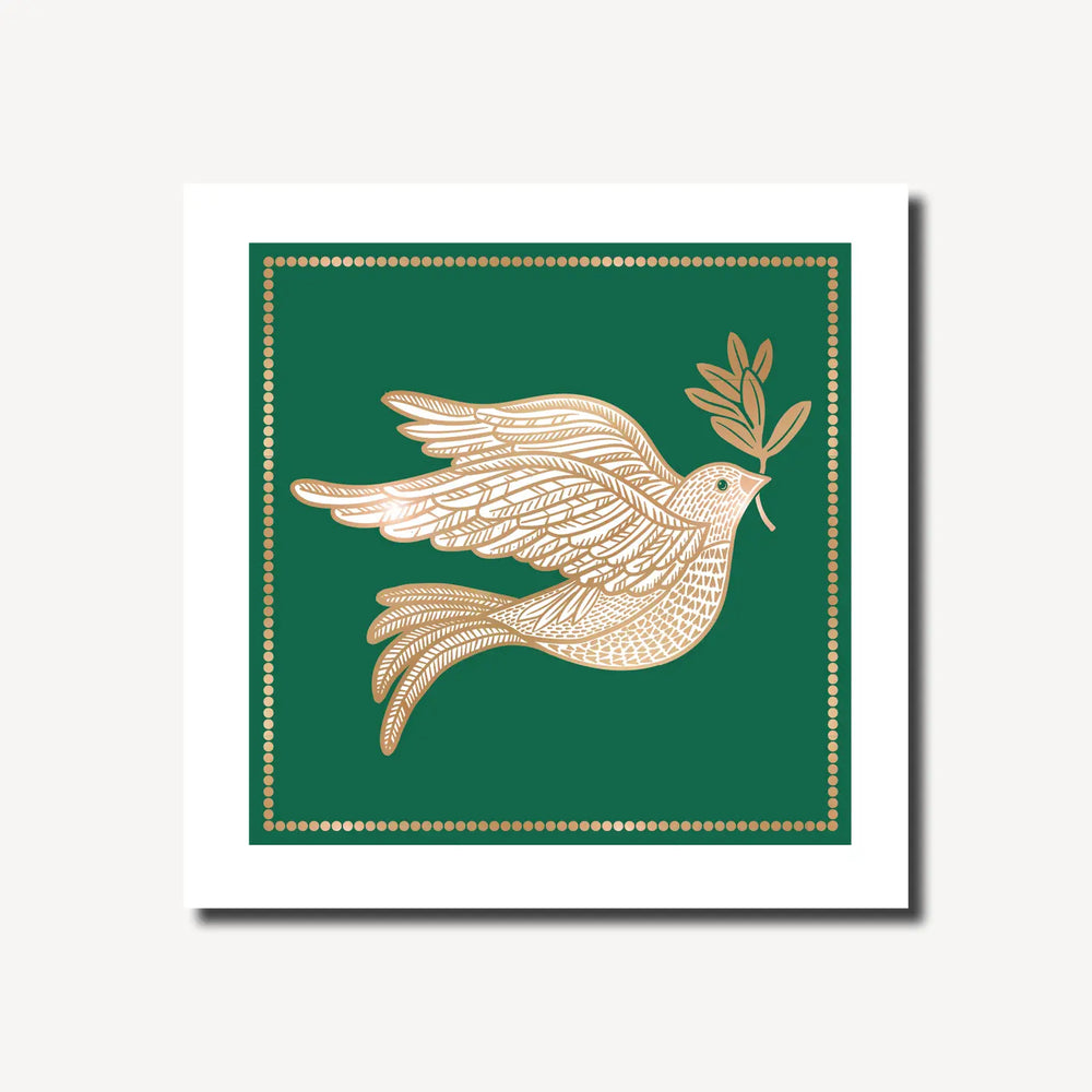 A square dark green christmas card iwth a gold and white dove