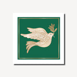 A square dark green christmas card iwth a gold and white dove
