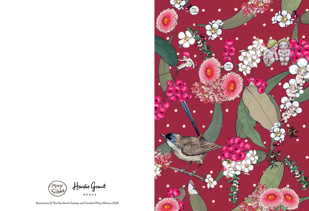 Floral and bird pattern on a red background with 'Harrie Grant' branding.