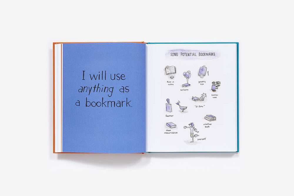 Open book with blue pages and illustrations on a white background