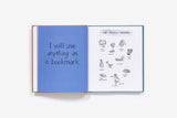 Open book with blue pages and illustrations on a white background