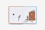 Illustrated book open to a page with a person looking at a bookshelf filled with books and toys.