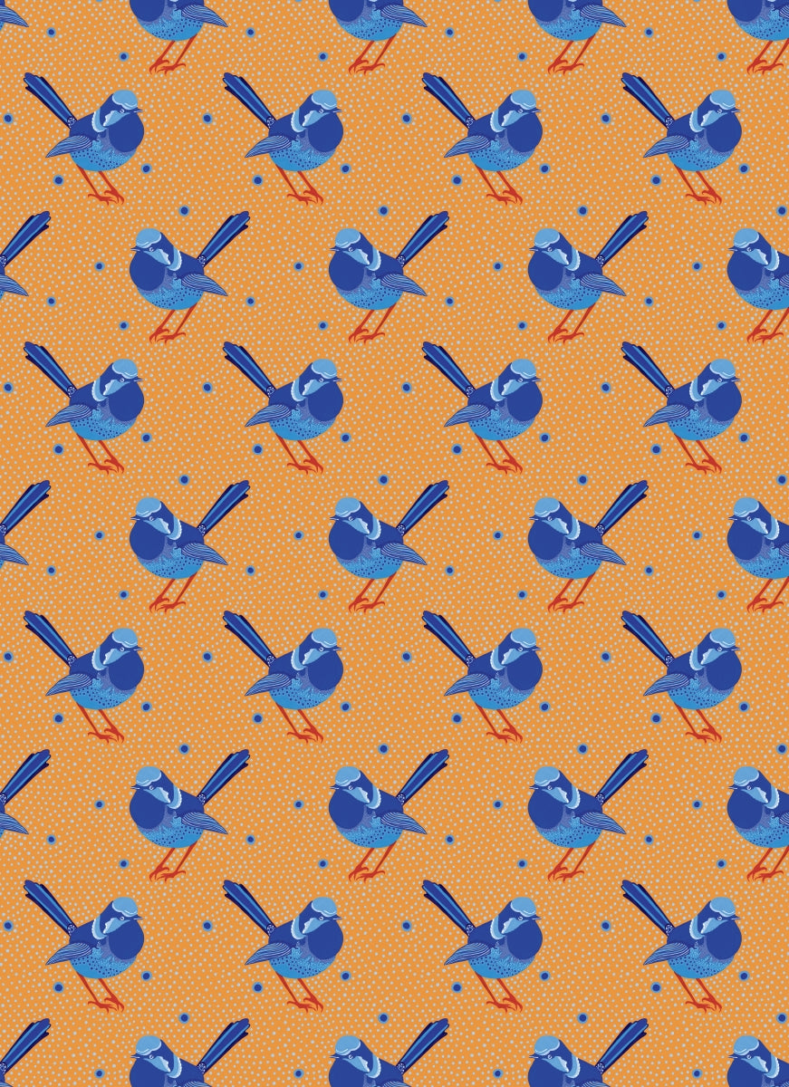 Pattern of blue birds on an orange background