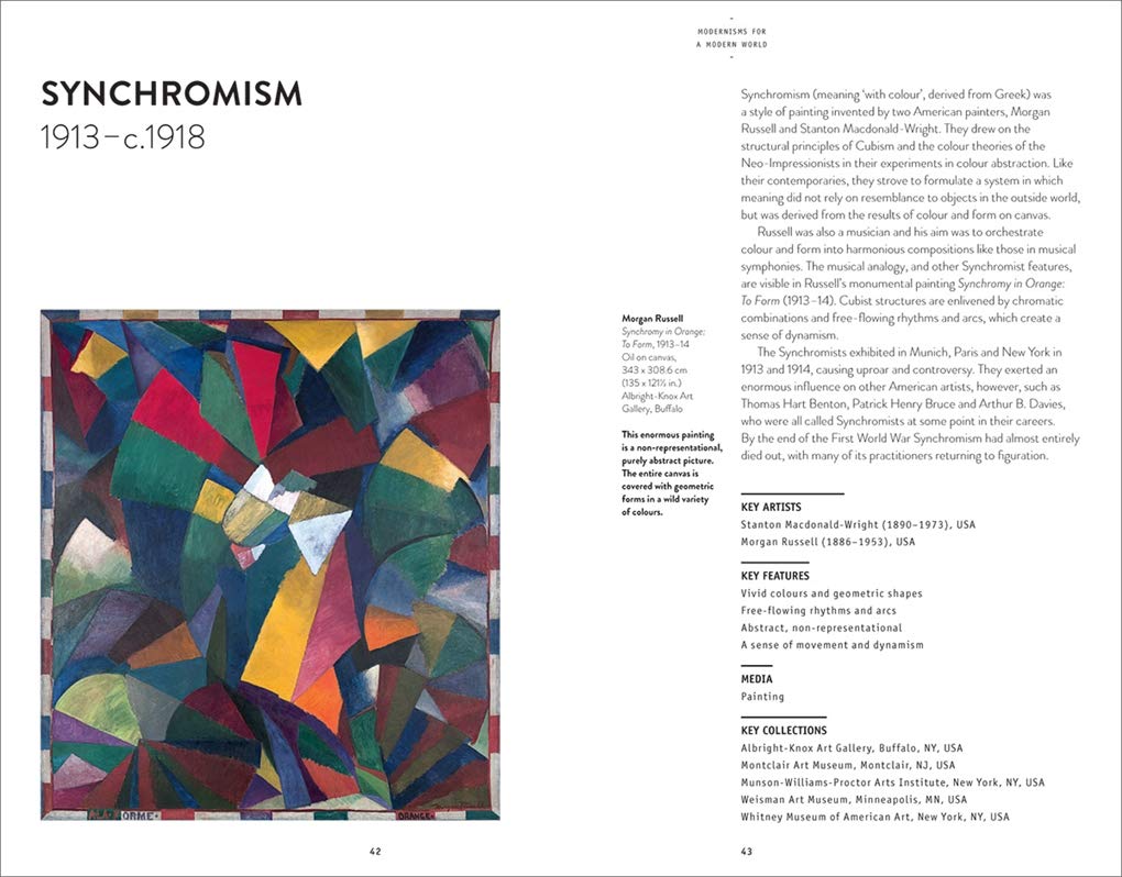 Art book page with a colorful abstract painting and text on Synchromism art movement.