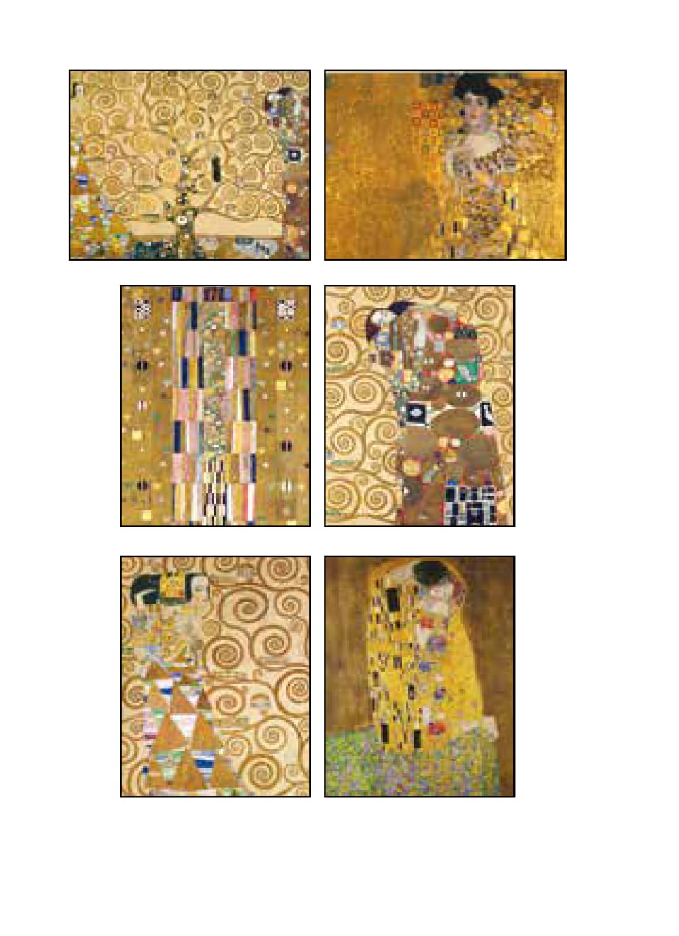 Set of six framed artworks resembling Gustav Klimt's style on a white background