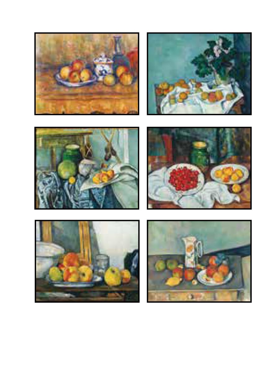 Set of six still life paintings with fruits and table settings on a white background