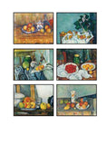 Set of six still life paintings with fruits and table settings on a white background
