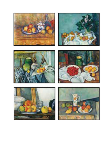 Set of six still life paintings with fruits and table settings on a white background