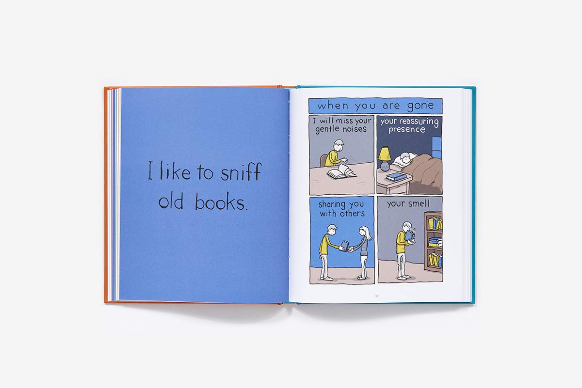 Open book with text and comic strip on a white background