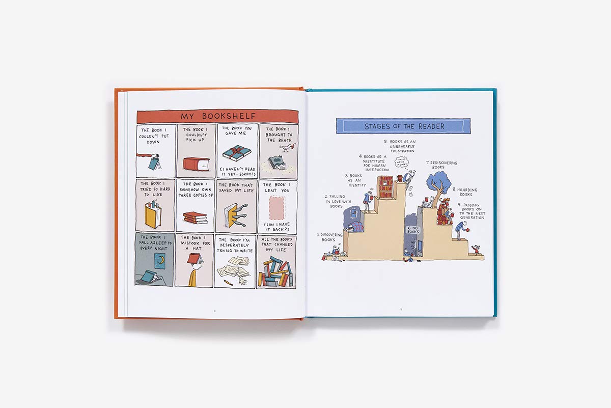 Open book showing illustrations of 'My Bookshelf' and 'Stages of the Reader' on a white background