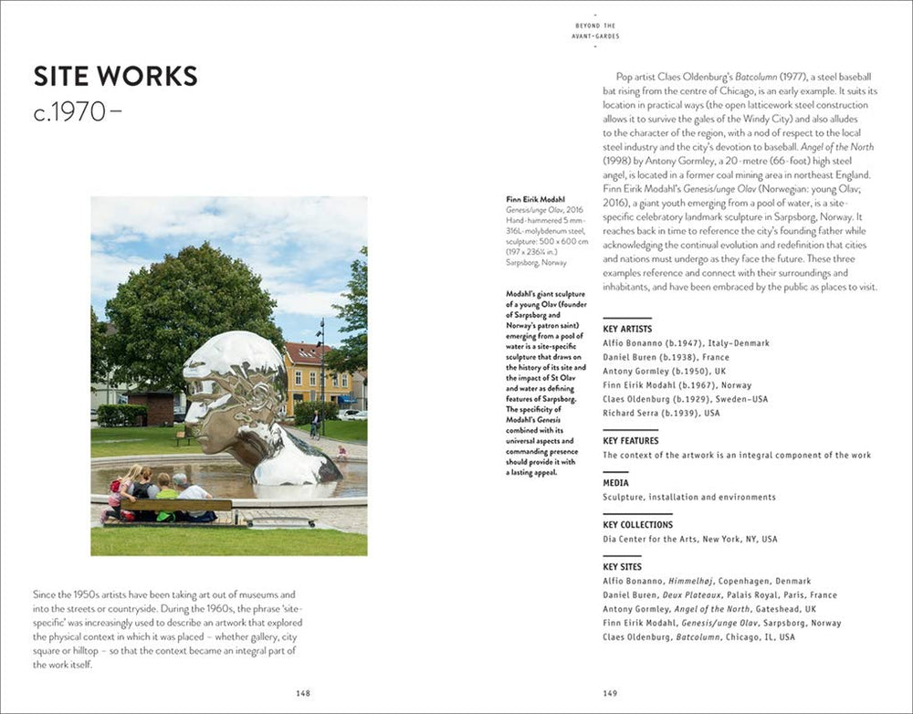 Book page with text and photograph of a sculpture in an outdoor setting