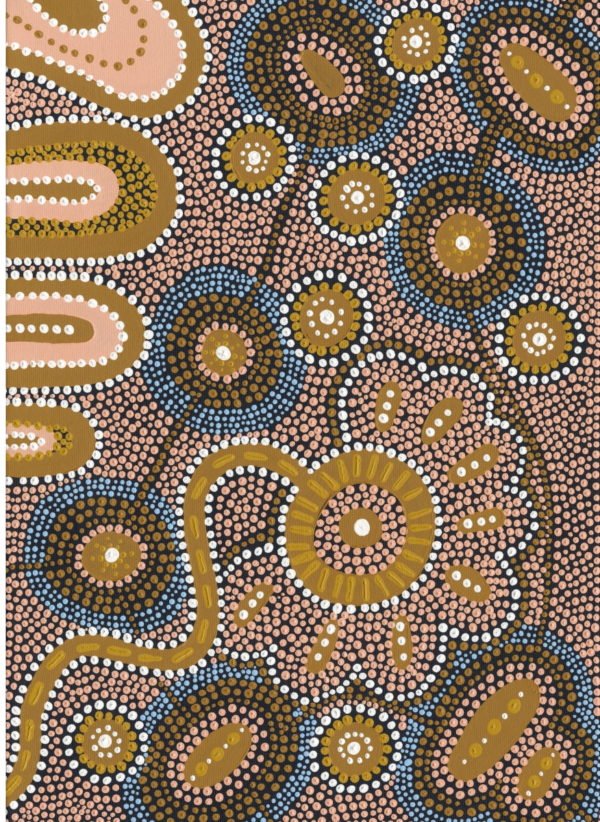 Patterned design with circular shapes and dots on a brown background