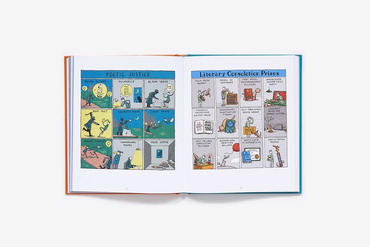 Open book displaying comic-style illustrations on a white background