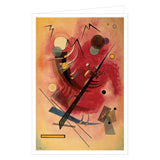 An abstract art card featuring Wassily Kandinsky's style, with geometric shapes, lines, and organic forms in red, orange, yellow, black, and blue on a cream background, shown with a white border and drop shadow.