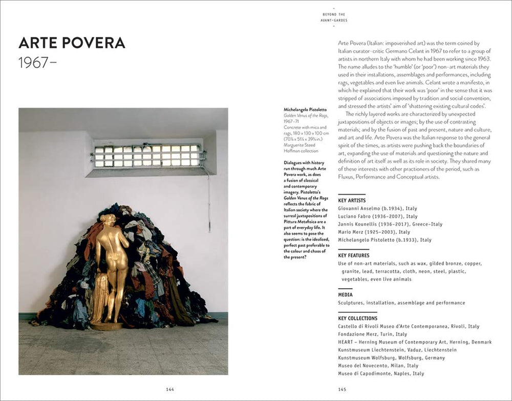 Art installation with a gold statue on a pile of clothes in a gallery setting, with text on the right.