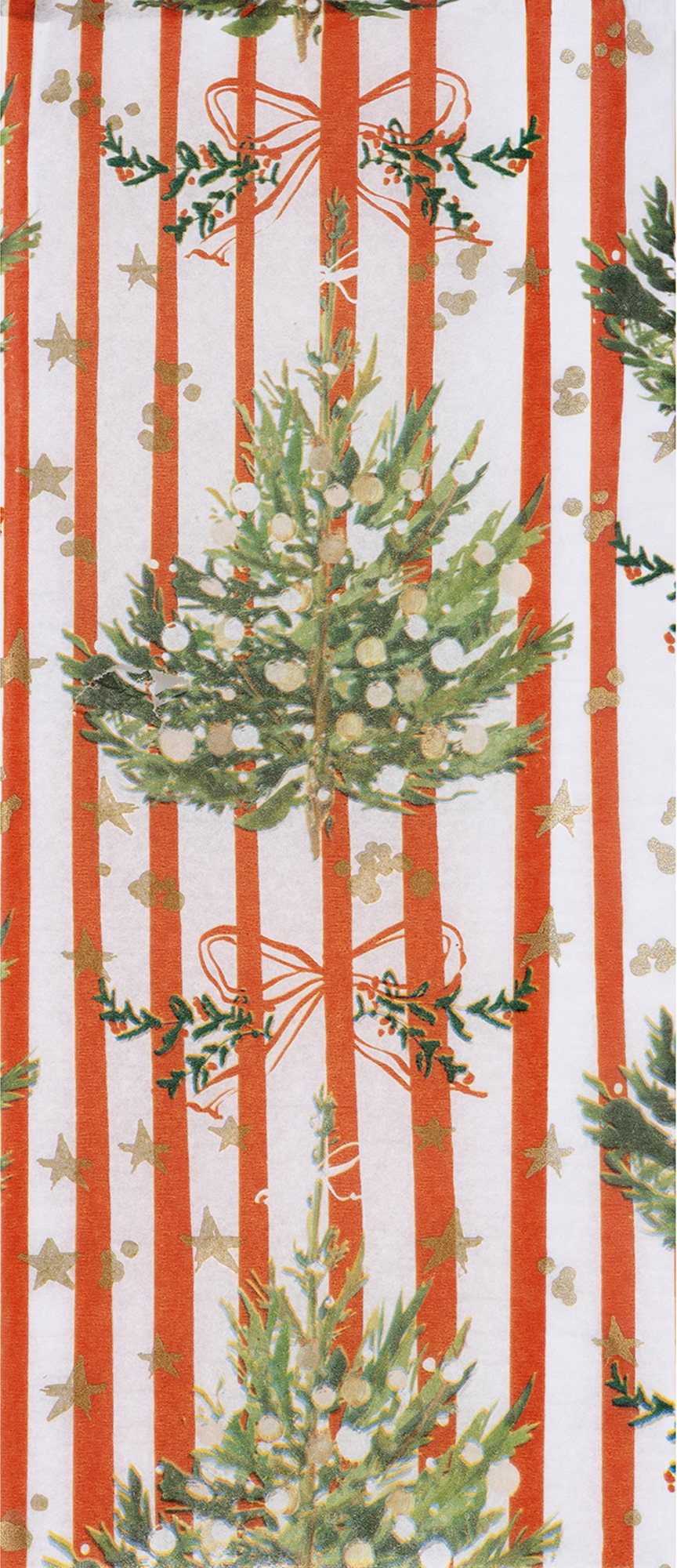 Red and white stripe paper with green Christmas trees.