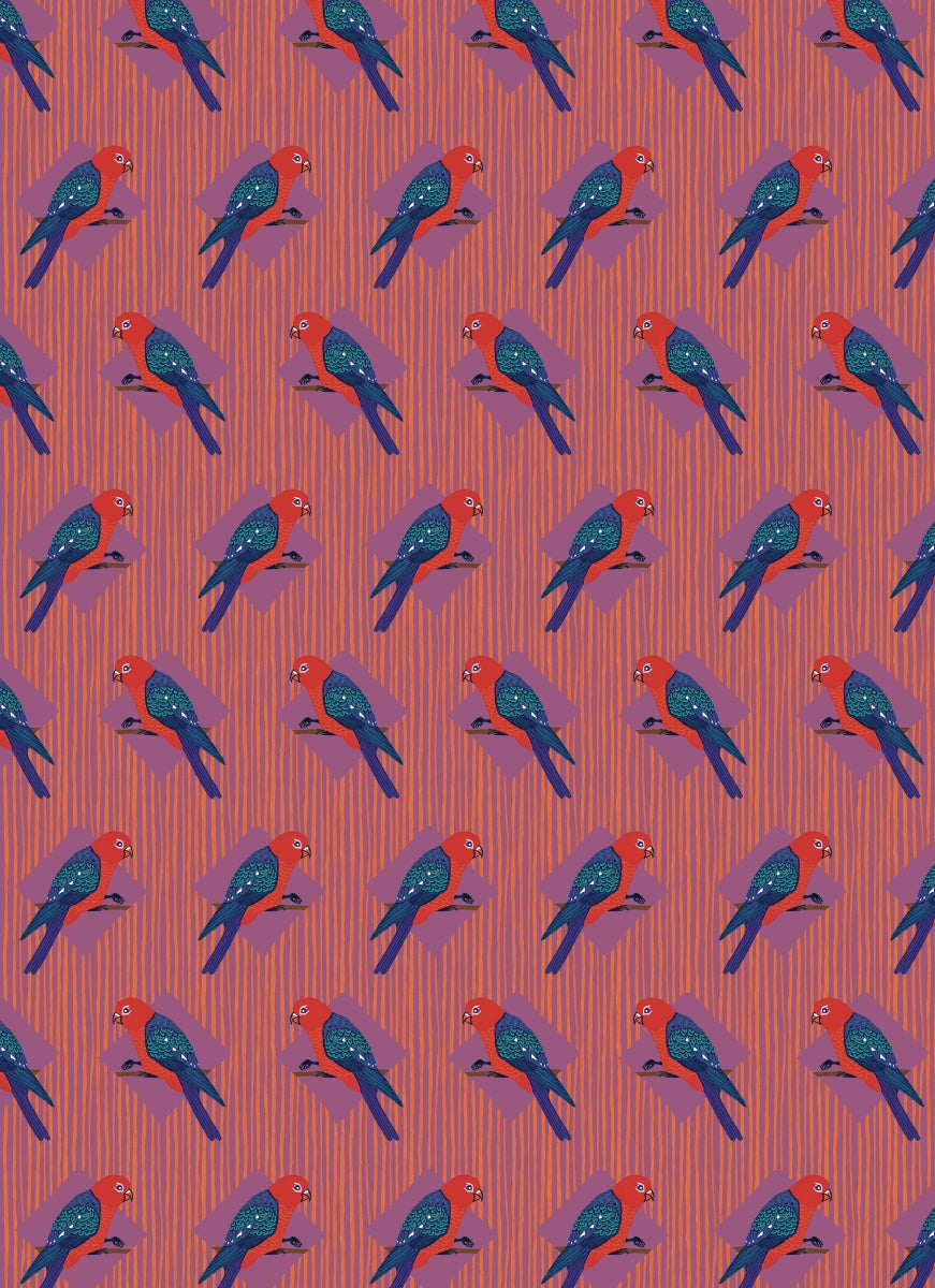 Pattern of colorful birds on a striped background