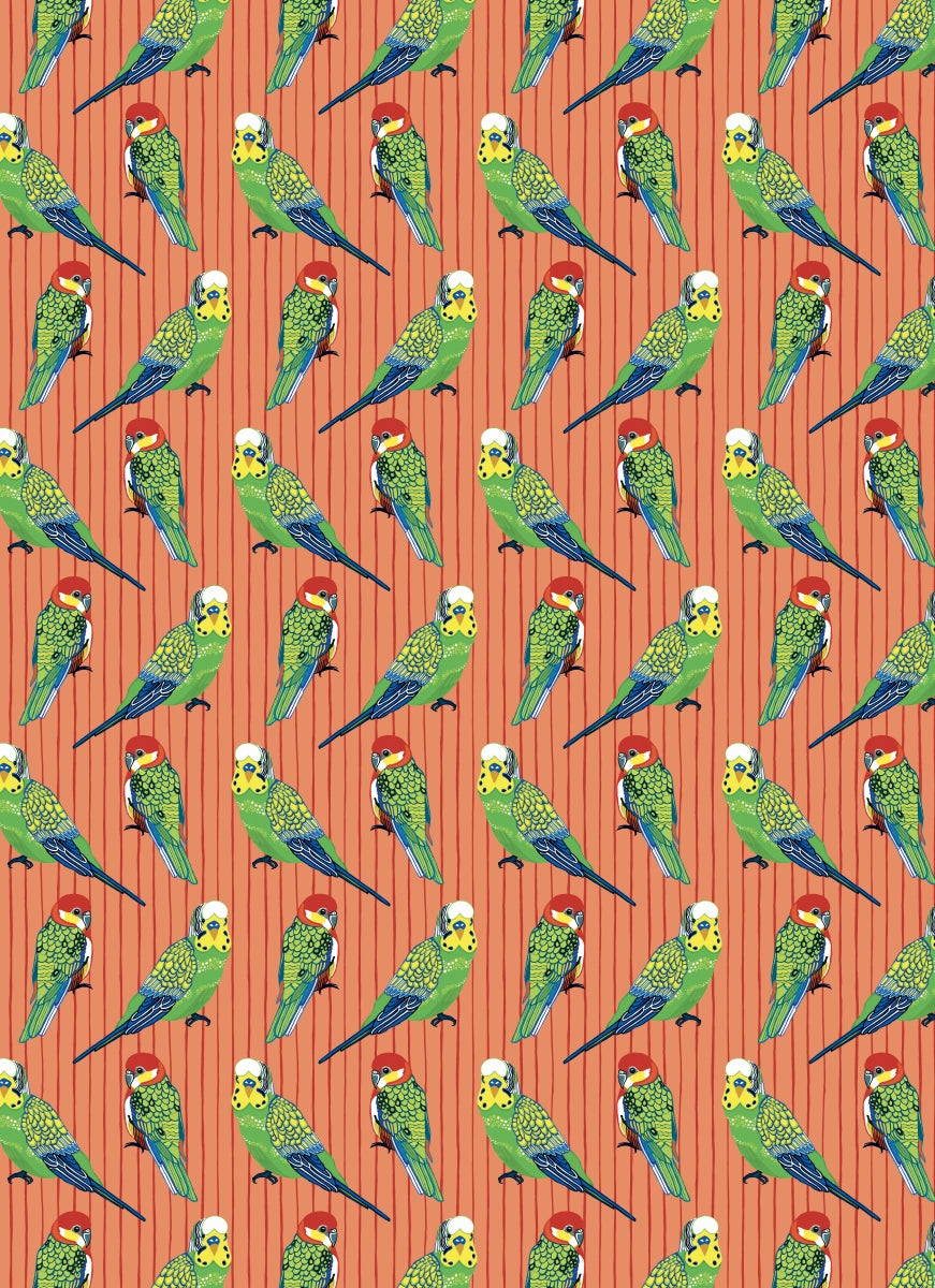 Pattern of parrots on a red background