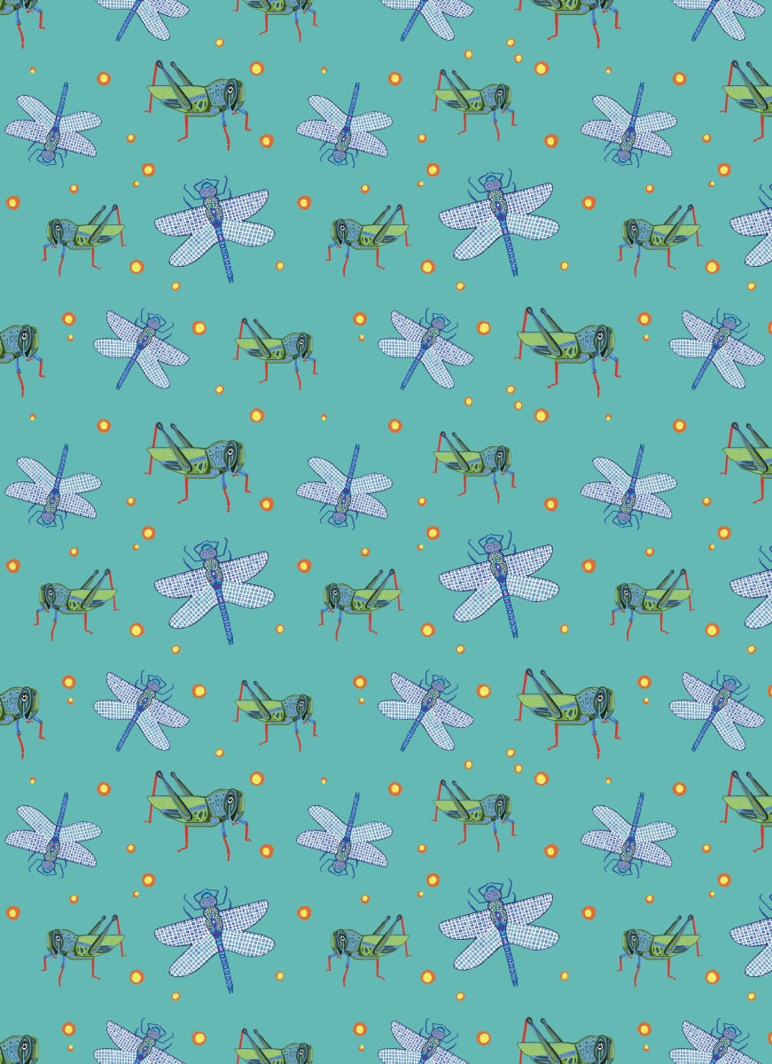 Pattern of grasshoppers and dragonflies on a teal background