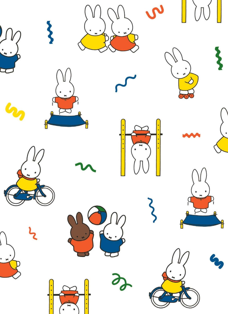 Pattern of cartoon bunnies in various activities on a white background
