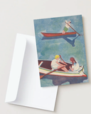 Greeting card with illustration of people rowing boats on a white background