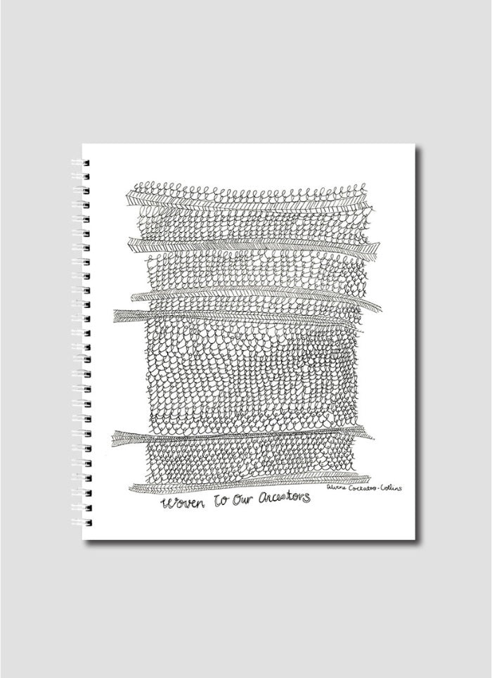 Spiral-bound notebook with woven pattern design on a gray background