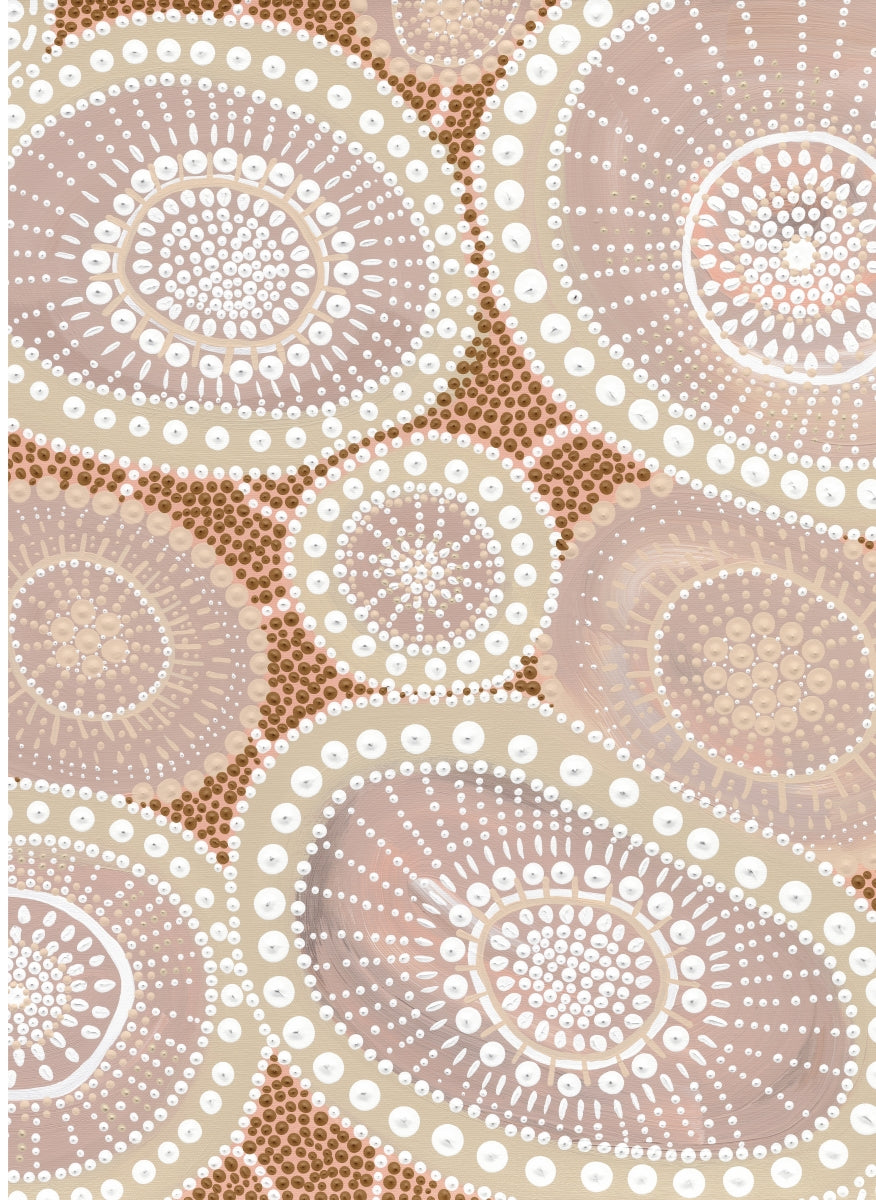 Pattern of concentric circles in brown, beige, and white on a textured background