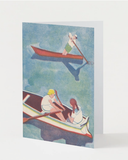 A vertical greeting card featuring an illustration of two people rowing boats on blue water, shown standing against a light gray background.