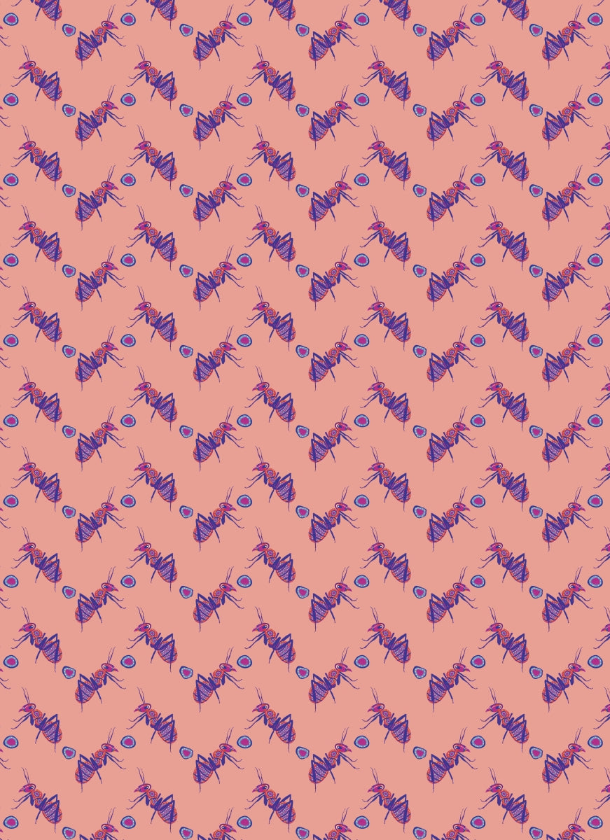 Pattern of purple ants on a pink background
