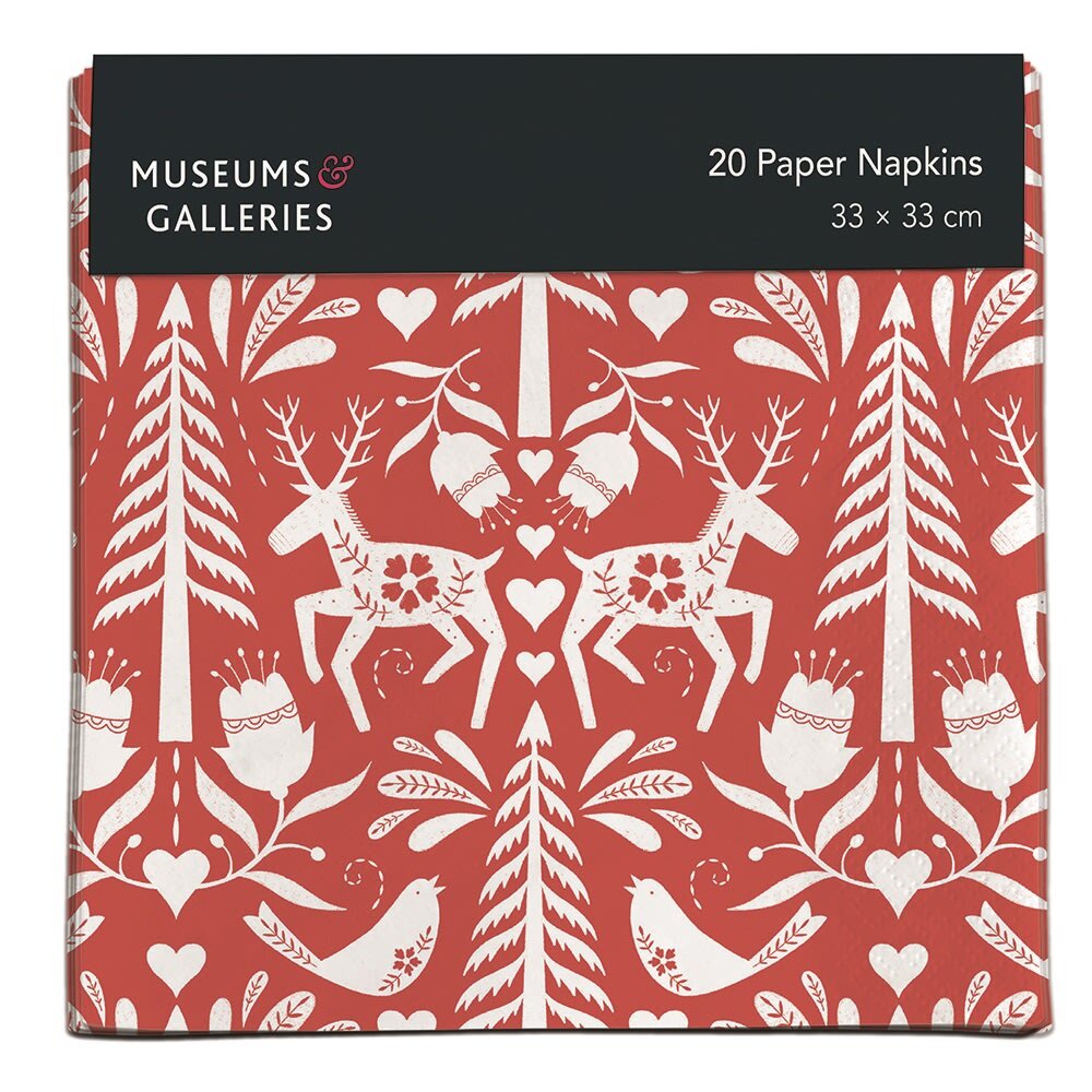 A pack of paper napkins with a red and white Scandinavian design of horses and fir trees.