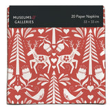 A pack of paper napkins with a red and white Scandinavian design of horses and fir trees.