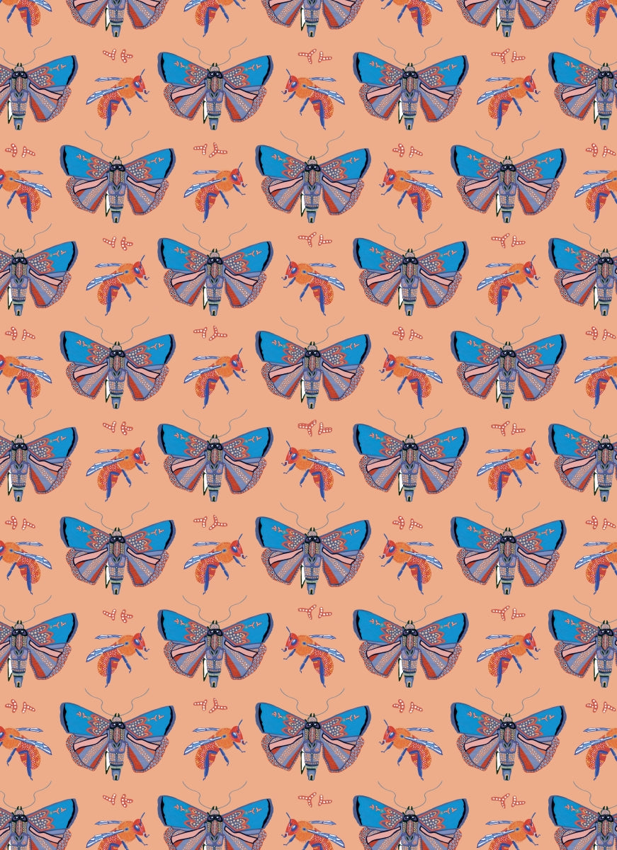 Pattern of blue and orange moths on a peach background