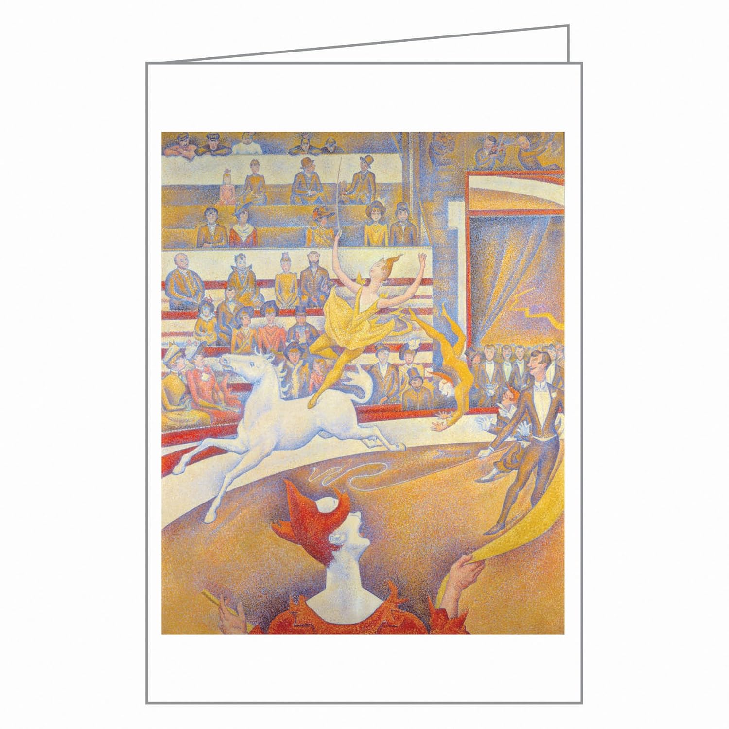 Artistic depiction of a circus scene with performers and animals on a white background