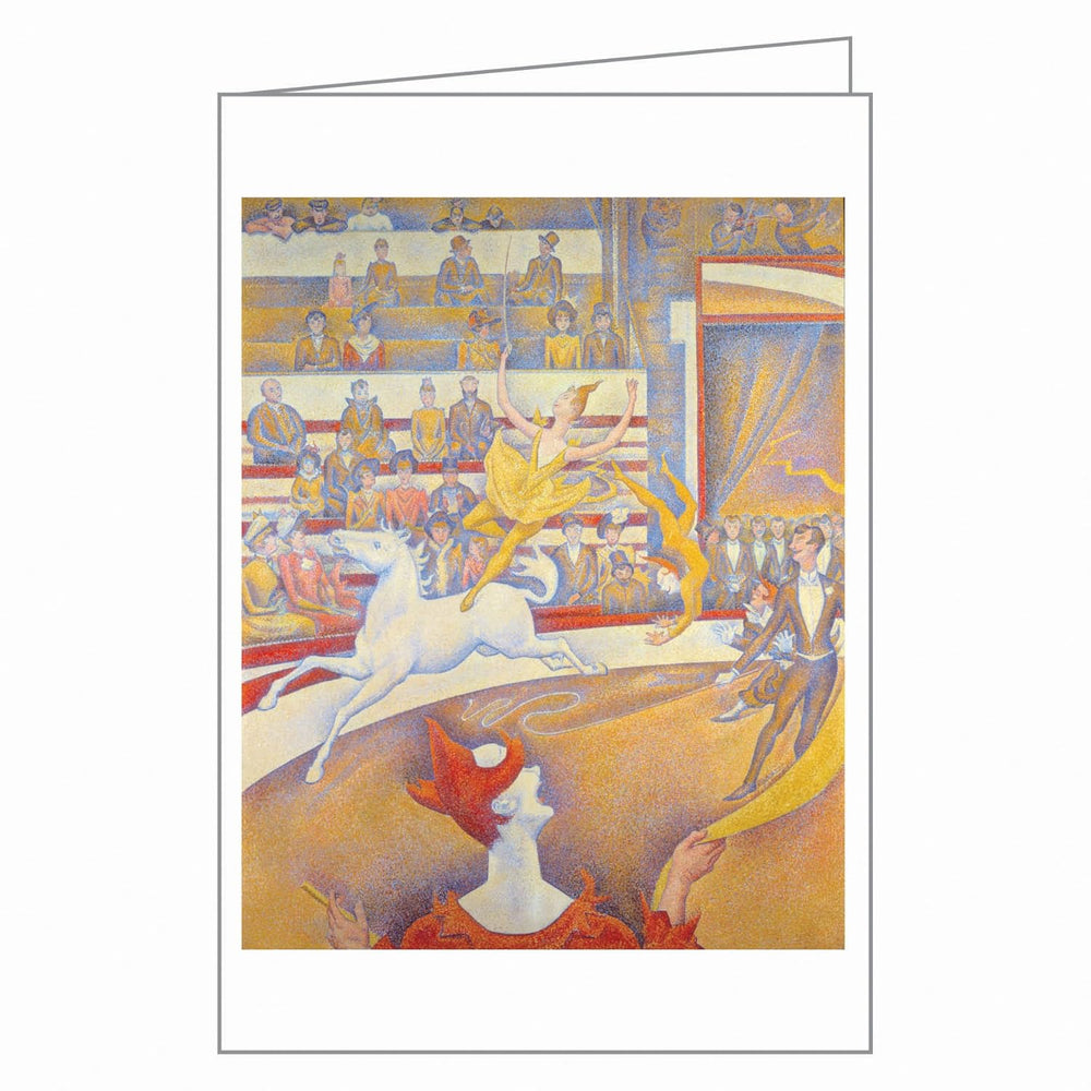 Artistic depiction of a circus scene with performers and animals on a white background