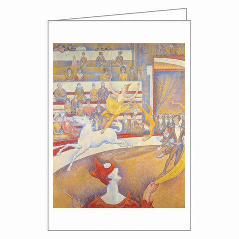 Artistic depiction of a circus scene with performers and animals on a white background