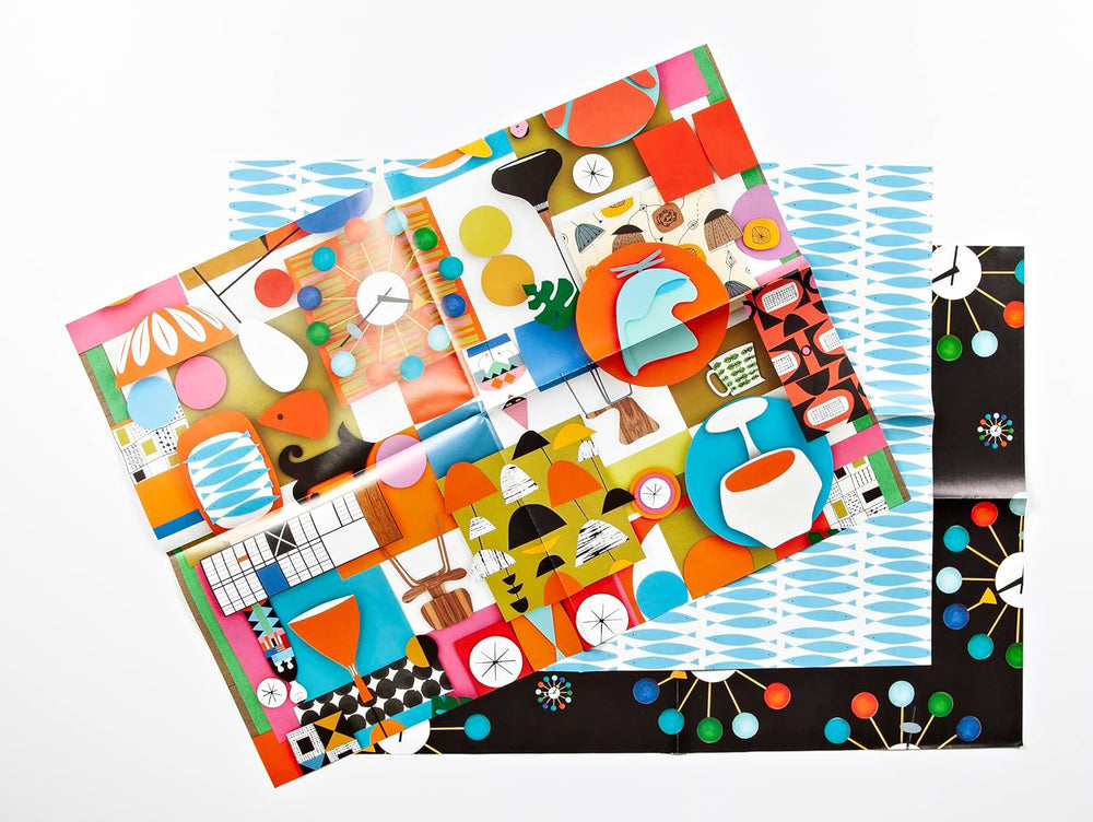 Colorful patterned paper with geometric shapes and designs on a white background