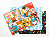 Colorful patterned paper with geometric shapes and designs on a white background