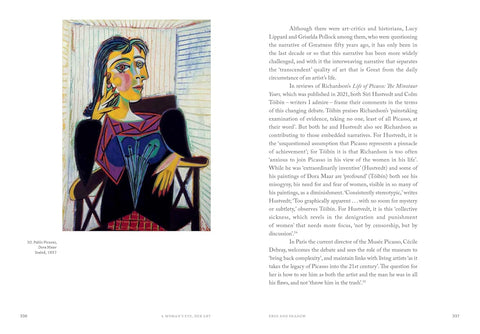 Page from a book with a painting of a woman on the left and text on the right.