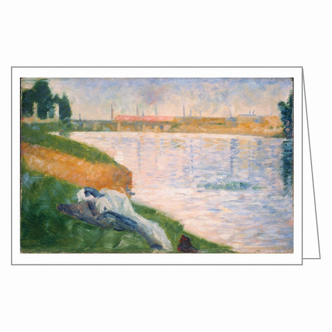 Painting of a river scene with a person lying on the grass by the water's edge.
