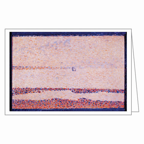 Note card with a abstract design featuring horizontal stripes in blue, orange, and purple on a white background.