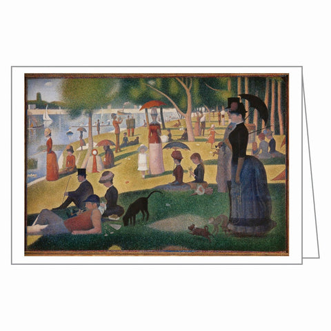 Artistic depiction of a park scene with people and umbrellas, featuring a woman in a blue dress and a dog.