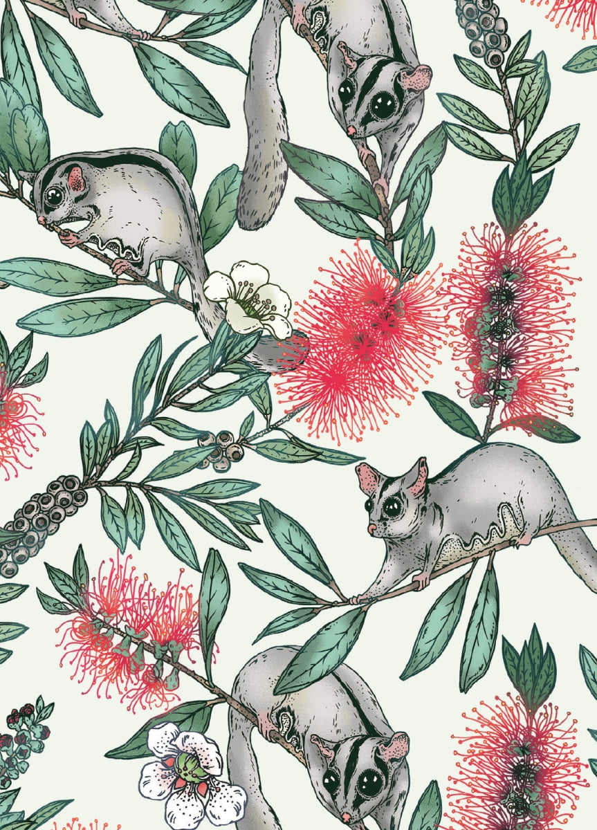 A repeating illustrated pattern featuring gray sugar gliders clinging to branches with green leaves and bright red bottle-blossom flowers on a light cream background.